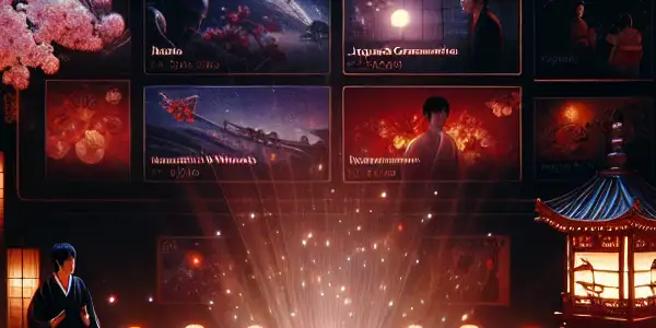 A sleek, modern interface showcasing Japanese adult films, illuminated by soft ambient lighting and cultural elements.