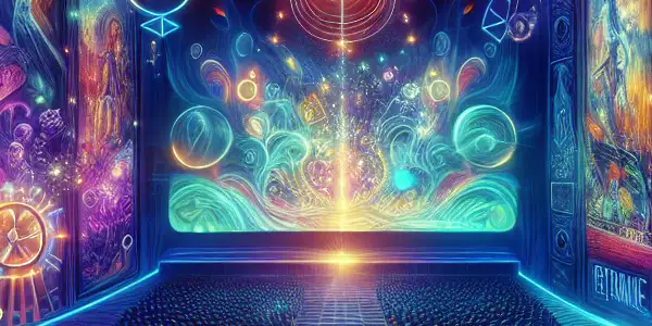 A whimsical movie theater filled with neon lights, abstract posters, oversized popcorn, and diverse moviegoers in a vibrant digital paradise.