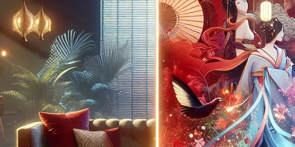 A split scene contrasting a romantic Western film set with a vibrant Japanese-themed environment, symbolizing cultural fusion.