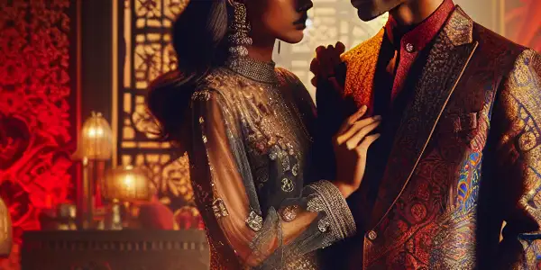 A glamorous film set featuring two charismatic figures in a romantic and adventurous interaction, rich in color and intimacy.