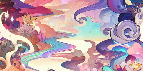 A whimsical landscape filled with oversized flowers and playful creatures, featuring a charismatic adventurer in joyful interactions.