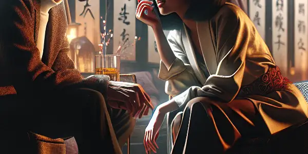 A dimly lit room with two characters in intimate conversation, blending contemporary and traditional Chinese elements.<a href=