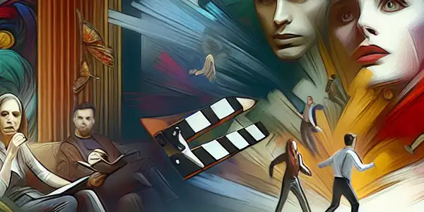 A modern movie theater scene with diverse individuals discussing vibrant abstract visuals of Japanese adult films.