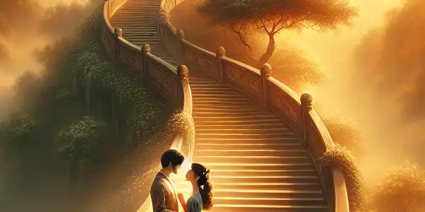 A couple shares a tender moment on a winding staircase under a golden sunset, surrounded by lush greenery and flowers.