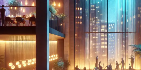 A vibrant and immersive 3D scene featuring diverse locations and realistic characters in a sensual atmosphere.