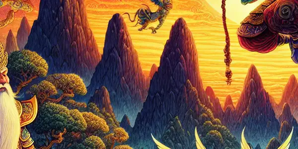 A fantastical reinterpretation of "Journey to the West," featuring a playful Sun Wukong in a mystical landscape.