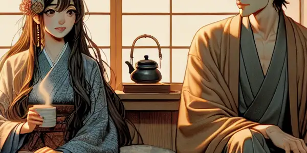 A young woman and man share a flirtatious moment in a cozy Japanese apartment, surrounded by intimate decor.