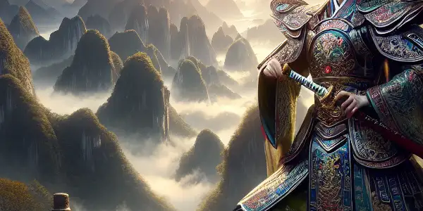 A warrior in ornate armor stands in a blooming cherry blossom landscape, with mountains and a shadowy figure nearby.