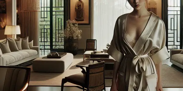 A young female nanny enters a luxurious home, embodying intrigue and allure amidst themes of temptation and sophistication.