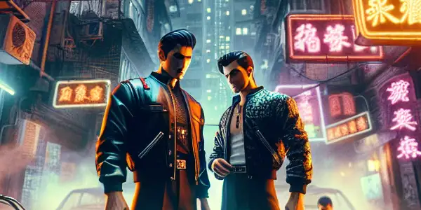 Two 90s gangsters in an urban alleyway, surrounded by neon lights, graffiti, and a vintage motorcycle.