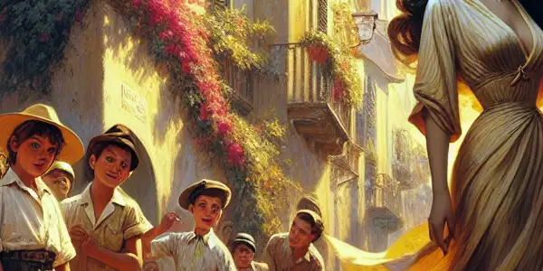 A beautiful widow in a vintage dress walks through a sunlit Sicilian town, watched by curious boys.